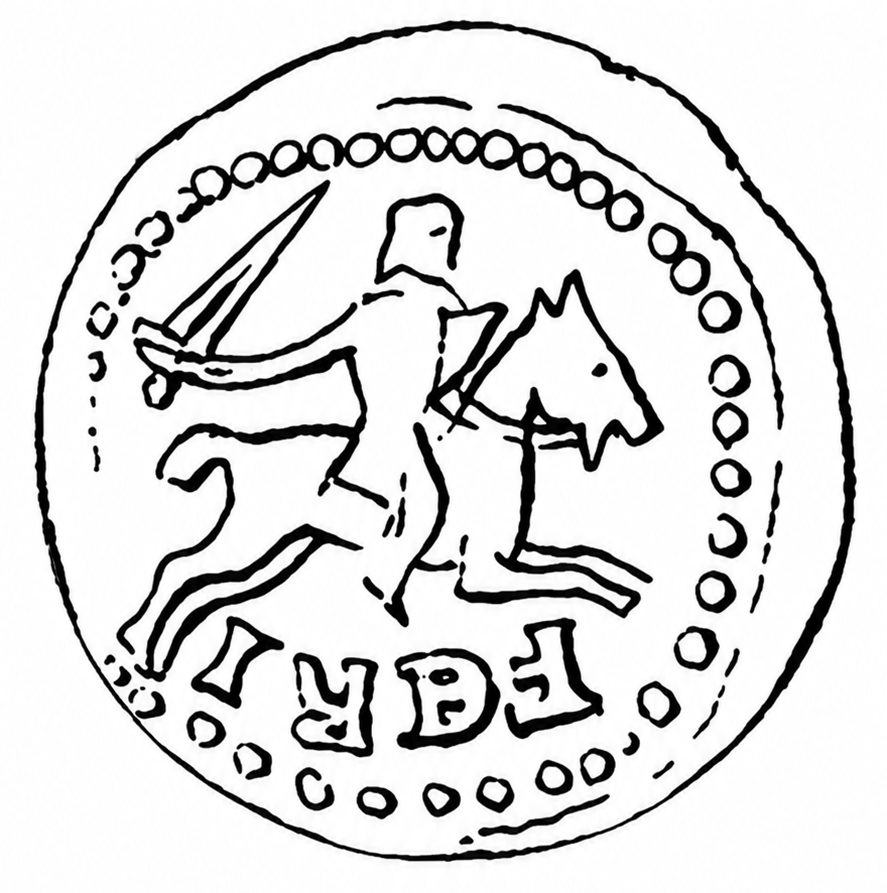 Line drawing of the obverse of a denier of Nancy struck under Ferry III: an armed horseman riding right with sword raised, the letters FERI beneath the horse, within a beaded border