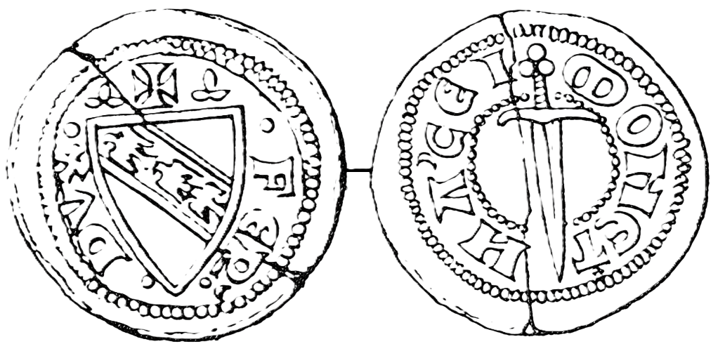Line drawing of both faces of a denier: the shield of Lorraine charged with a bend of three alerions beneath a cross between two trefoils, with the divided legend either side; on the reverse a sword point downward crossing a beaded inner circle