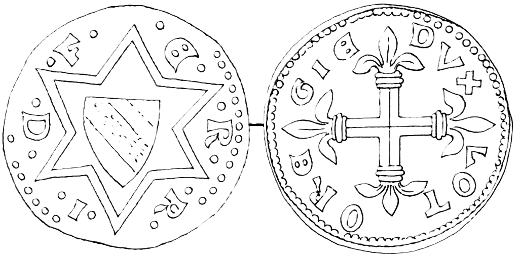 Line drawing of both faces of a double denier: a six-pointed star bearing the shield of Lorraine at its centre with the letters of FERRIC in the angles; on the reverse a cross with foliate terminals