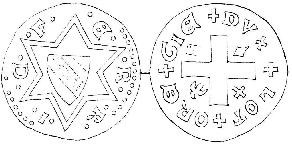 Line drawing of both faces of a double denier: a six-pointed star bearing the shield of Lorraine with the letters of FERRIC in the angles; on the reverse a cross with small crosses at the ends of its arms and four different devices in the cantons