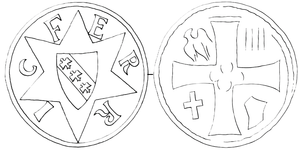 Line drawing of both faces of a denier: a six-pointed star bearing the shield of Lorraine with the letters of FERRIC in the angles; on the reverse a cross hollowed at its centre with devices in the cantons
