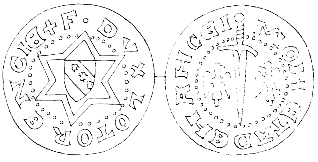 Line drawing of both faces of a double denier: a six-pointed star bearing the shield of Lorraine at its centre, the legend running around the rim; on the reverse a sword point downward crossing a beaded circle containing two alerions