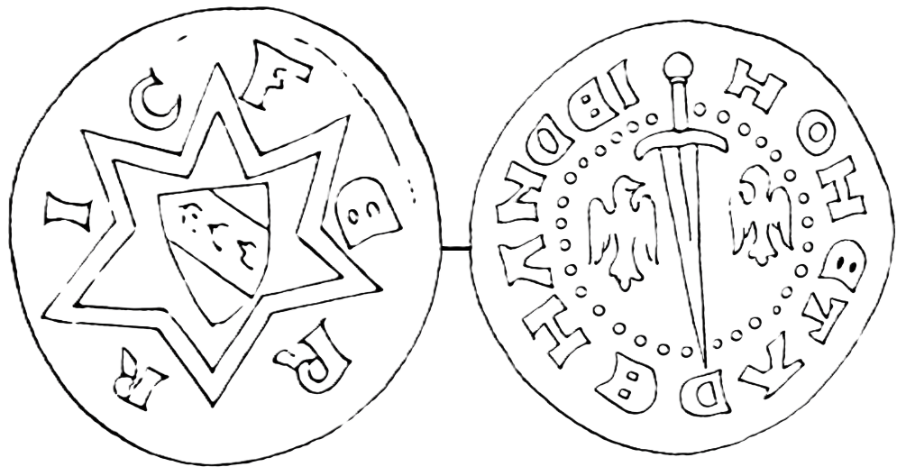 Line drawing of both faces of a denier: a six-pointed star bearing the shield of Lorraine with the letters of FERRIC in the angles; on the reverse a sword point downward between two alerions