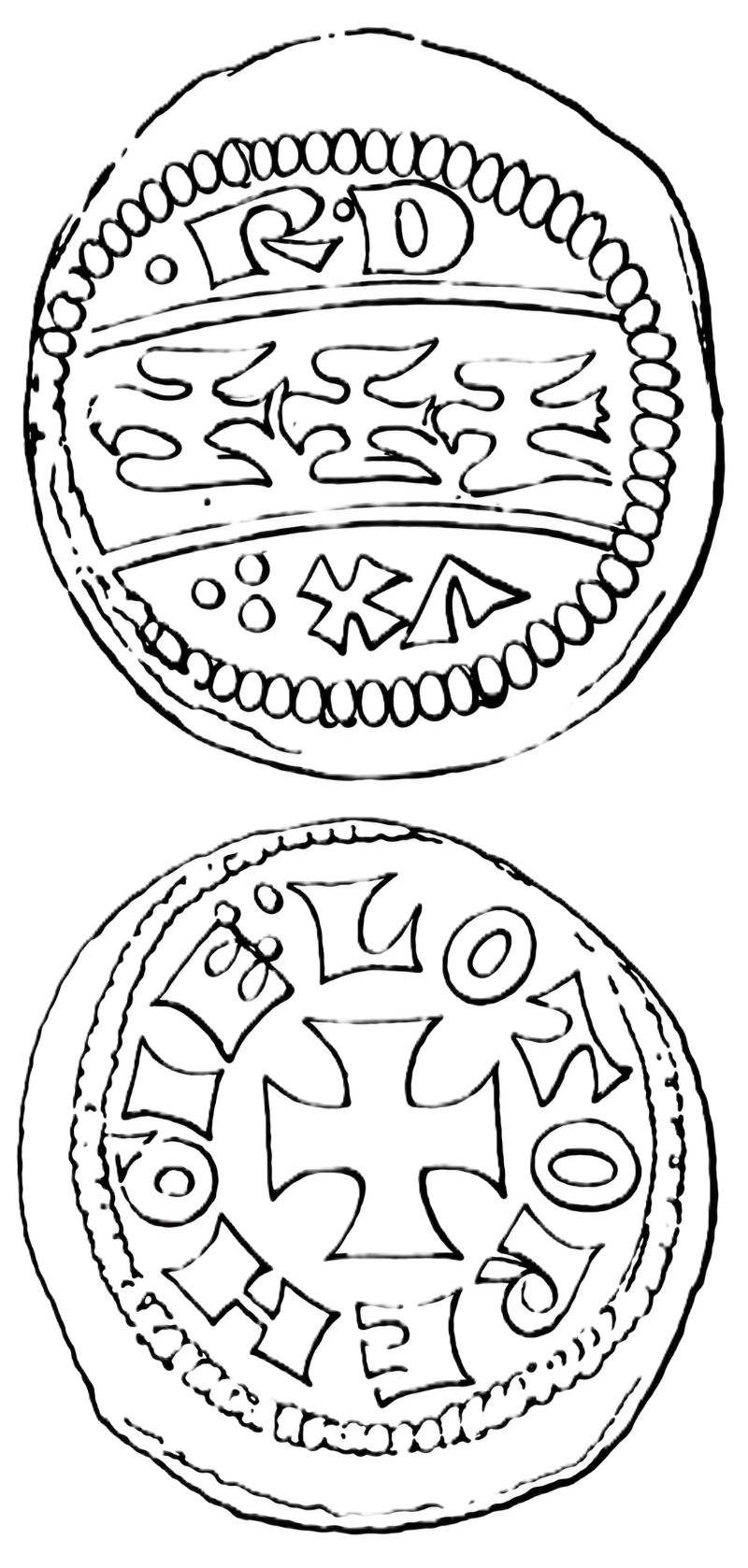 Line drawing of both faces of a small coin: on the obverse a horizontal band charged with three alerions across the field, within a beaded border, with letters and pellets written in the field above and below the band; on the reverse a cross pattée, the legend running around it with a group of pellets at the upper left
