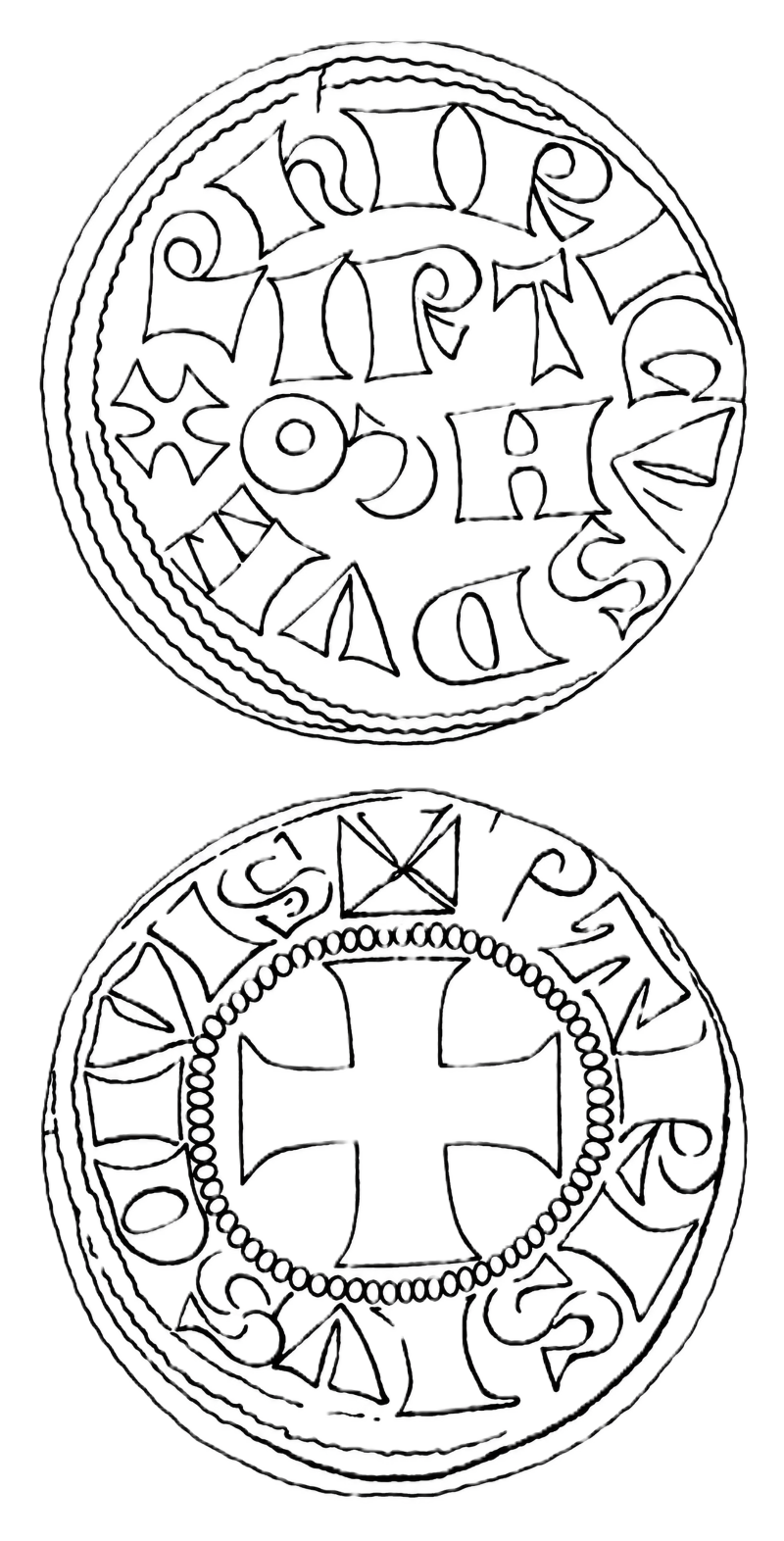 Line drawing of both faces of an imitation parisis denier: on the obverse a legend running around the rim between beaded borders, enclosing a field carrying two lines of large blocky letters with a cross and an annulet among them; on the reverse a cross pattée within a beaded inner circle, the legend ranged around it between the circle and the rim, with a squared mark divided saltirewise at the top of the field