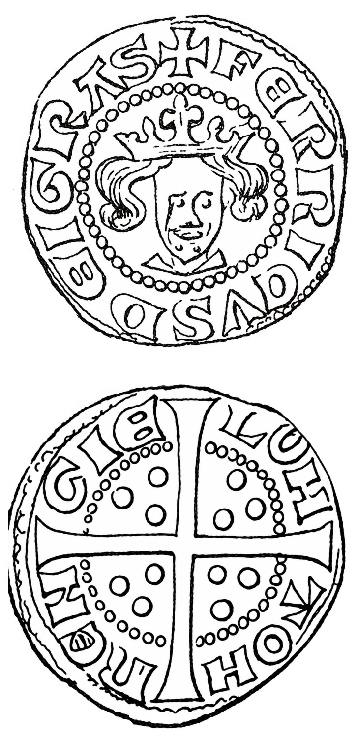 Line drawing of both faces of an imitation esterling: on the obverse a crowned facing bust, the crown with a trefoil finial and the hair falling in ringlets at either side, within a beaded circle, the legend running around the rim; on the reverse a long cross pattée whose arms reach the edge and divide the legend into four groups of letters, each quarter carrying three pellets within a beaded arc