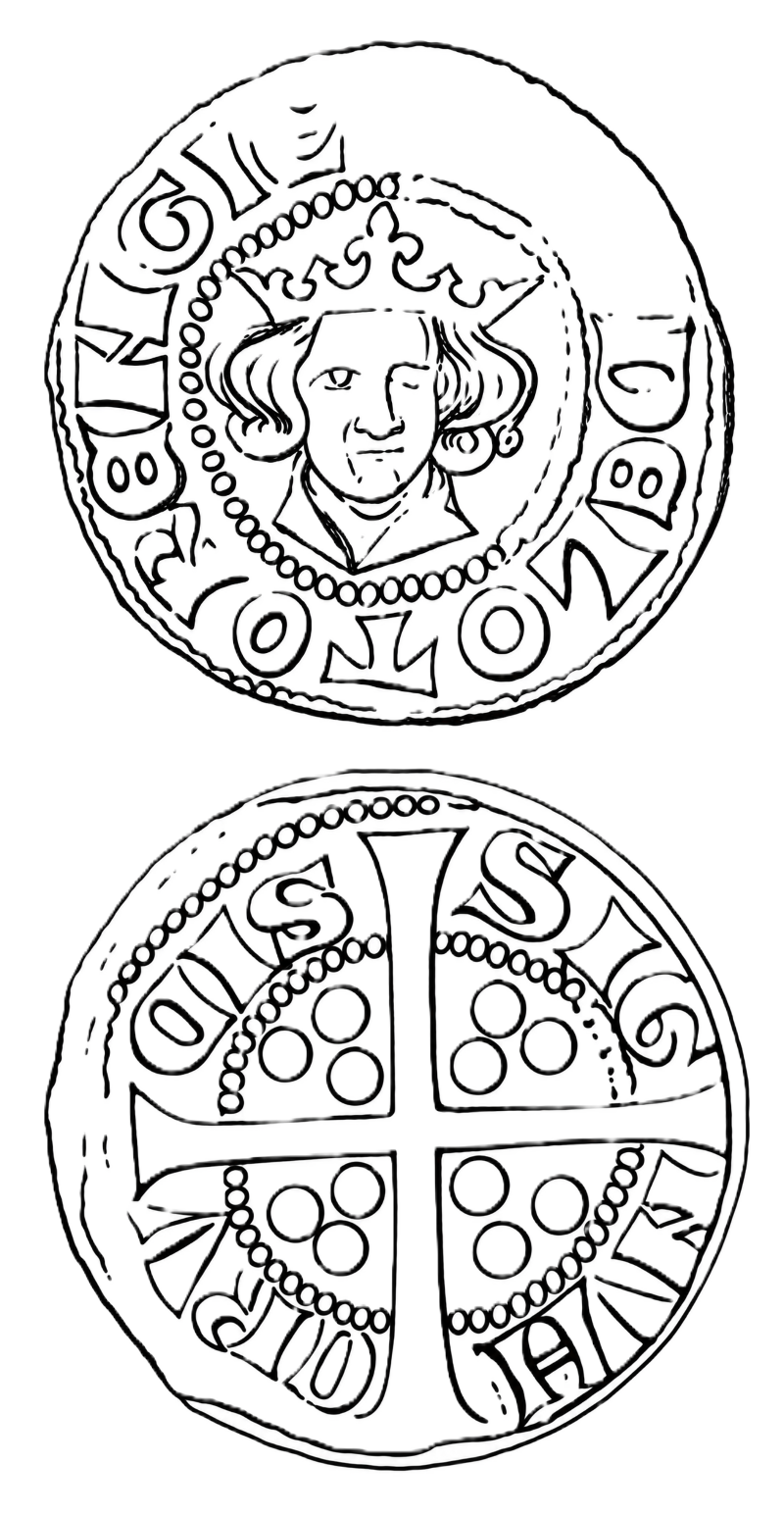 Line drawing of both faces of an imitation esterling: on the obverse a crowned facing bust, the crown with a trefoil finial and the hair falling in ringlets at either side, within a beaded circle, the legend running around the rim; on the reverse a long cross pattée whose arms reach the edge and divide the legend into four groups of three letters, each quarter carrying three pellets within a beaded arc