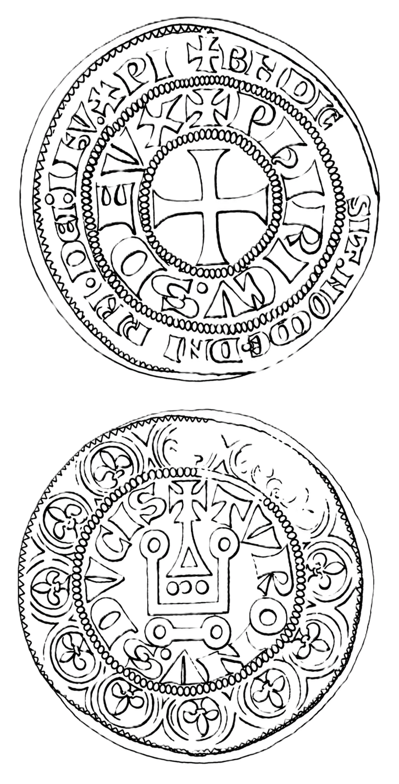 Line drawing of both faces of an imitation gros tournois: on the obverse a short cross within a beaded inner circle, an inner legend around it and a second legend around the rim between beaded and saltire-patterned borders; on the reverse the châtel tournois, a gabled building with a cross above it and pellets beneath, within a beaded circle, the legend around it and an outer border of twelve fleurs-de-lis