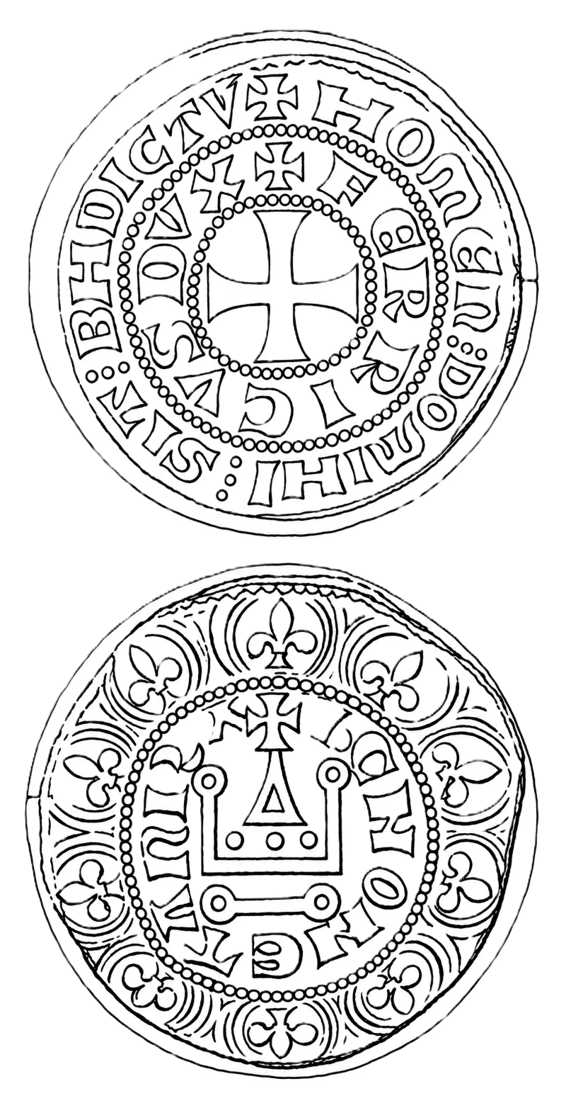 Line drawing of both faces of an imitation maille tierce: on the obverse a cross pattée within a beaded inner circle, an inner legend around it and a second legend around the rim between beaded borders; on the reverse the châtel, a gabled gateway with a cross above and pellets beneath, within a beaded circle, the legend around it and an outer border of fleurs-de-lis