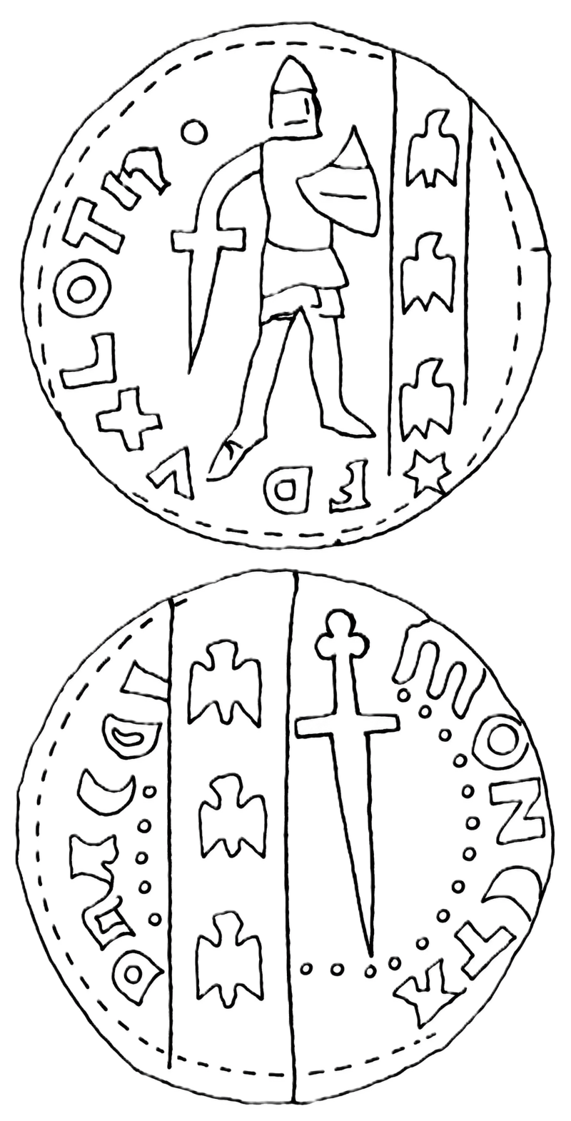 Line drawing of both faces of a denier of Nancy: on the obverse the duke standing facing, helmeted, a sword point downward in his right hand and a shield on his left arm, the letters of the legend ranged around the left of the field, and at the right a vertical band between two lines charged with three alerions one above the other and a mullet below them; on the reverse a sword point downward with a trefoil pommel, three pellets beneath its point, a vertical band at the left charged with three alerions, and the legend running around the outside between broken borders