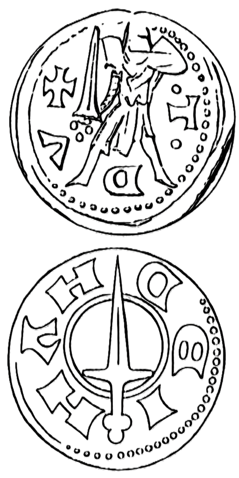 Line drawing of both faces of a denier of Nancy: on the obverse the duke standing on foot, helmeted, covering himself with his shield and holding a sword upright, with a cross and the letters of the legend T, D and V set around him in the field; on the reverse a sword upright over a plain disc, its pommel ending in a trefoil, with the letters of the legend around