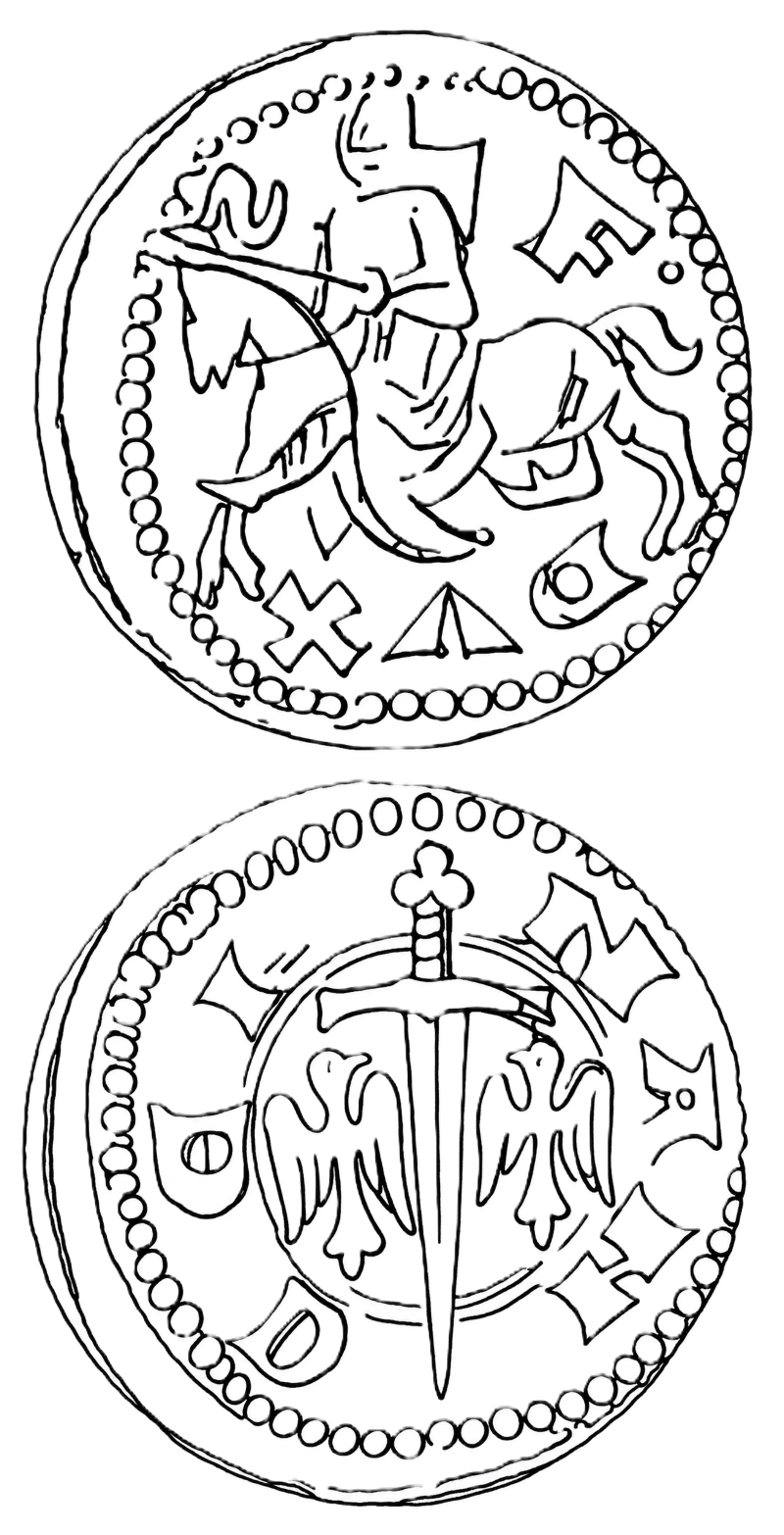 Line drawing of both faces of a denier of Nancy: on the obverse an armed horseman galloping to the left, carrying a lance whose banner rises across the top of the field and covering himself with a large shield, the letter F and a pellet in the field before him and a cross and two further letters in the exergue beneath the horse; on the reverse a sword point downward with a trefoil pommel and a banded grip, its blade crossing an inner circle containing two alerions with wings displayed set side by side, the letters of the legend and a small shield charged with a bend ranged around between beaded borders