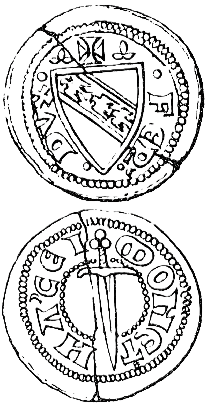 Line drawing of both faces of a denier of Nancy: on the obverse the shield of Lorraine charged with a bend of three alerions, a cross between two trefoils above it, the divided legend set in the field to either side and pellets beneath, all within a beaded circle; on the reverse a sword point downward with a trefoil pommel, its blade crossing a beaded inner circle, the legend ranged around the outside between beaded borders