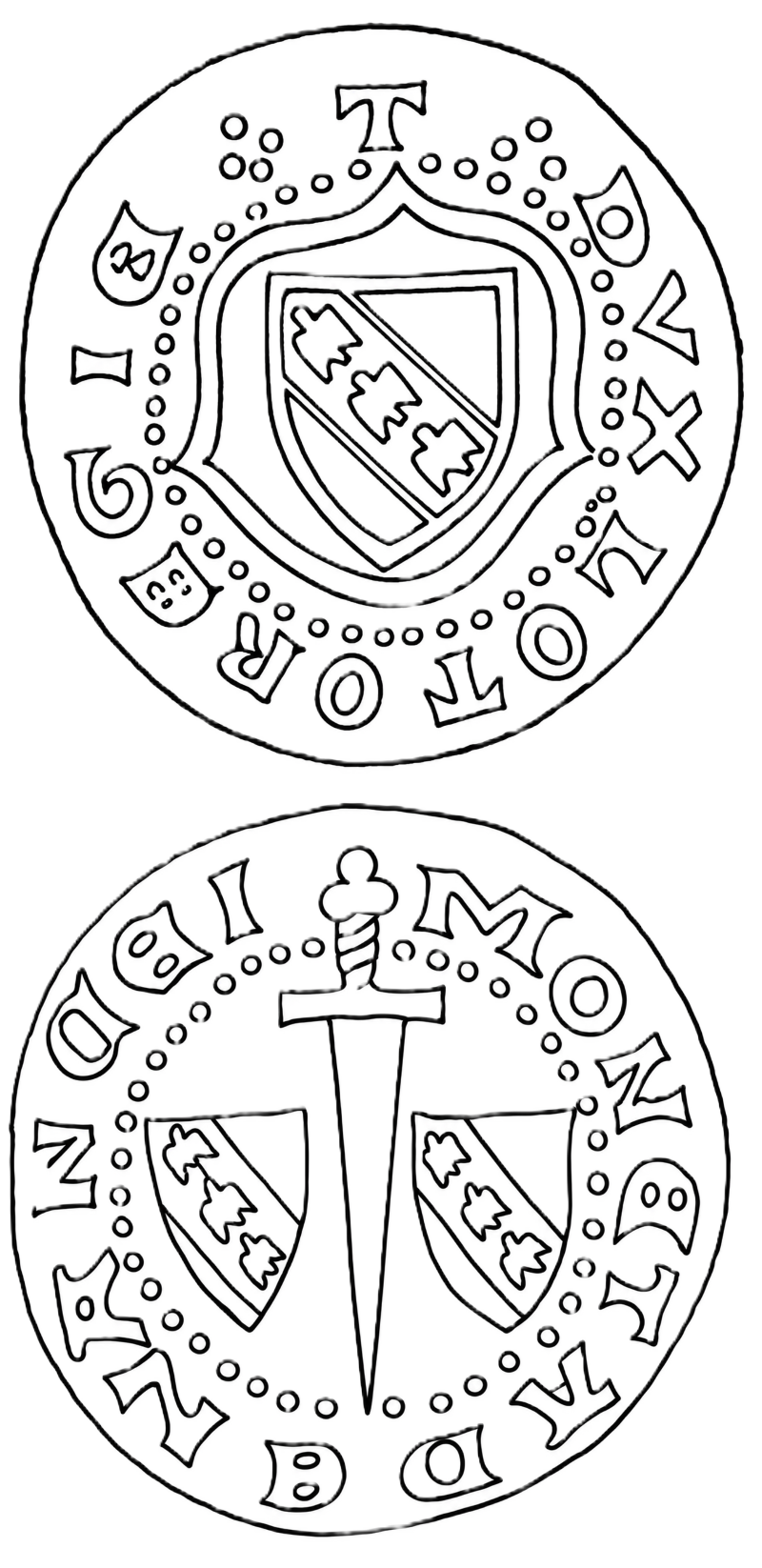 Line drawing of both faces of a double denier of Nancy: on the obverse the shield of Lorraine, its bend charged with three alerions, set within a cusped curvilinear cartouche, with pellets flanking the T of the legend; on the reverse a sword point downward with a trefoil pommel and a banded grip, flanked by two shields of Lorraine, the legend running around between beaded borders