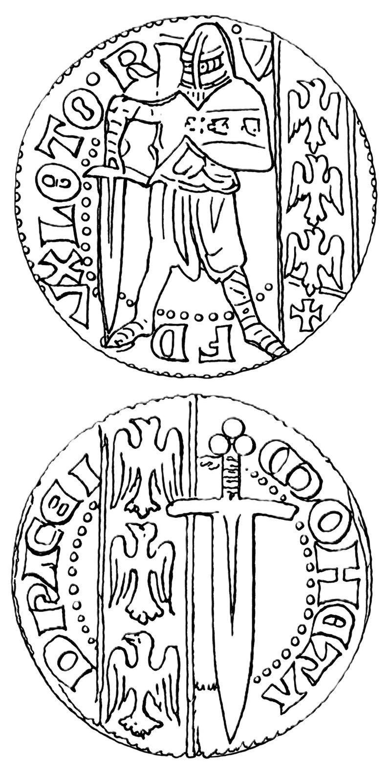 Line drawing of both faces of a double denier of Nancy: on the obverse the duke standing facing, helmeted and in mail, a sword point downward in his right hand and a shield on his left arm, a squared object at his shoulder, the letters of the legend ranged around the left of the field above a row of pellets, and at the right a vertical band between two lines charged with three alerions with a small cross below them; on the reverse a sword point downward with a trefoil pommel, a vertical band at the left charged with three alerions, and the legend running around the outside between beaded borders