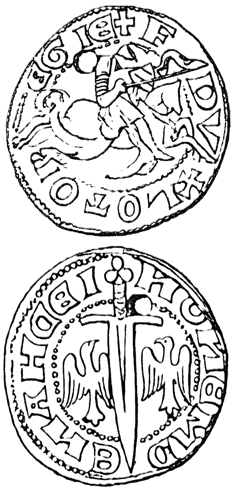 Line drawing of both faces of a double denier of Nancy: on the obverse an armed horseman galloping to the right, carrying a lance whose banner streams across the field and covering himself with a large shield, the legend running around the rim; on the reverse a sword point downward with a trefoil pommel and a banded grip, its blade crossing a beaded inner circle that contains two alerions with wings displayed set either side of it, the legend running around the outside