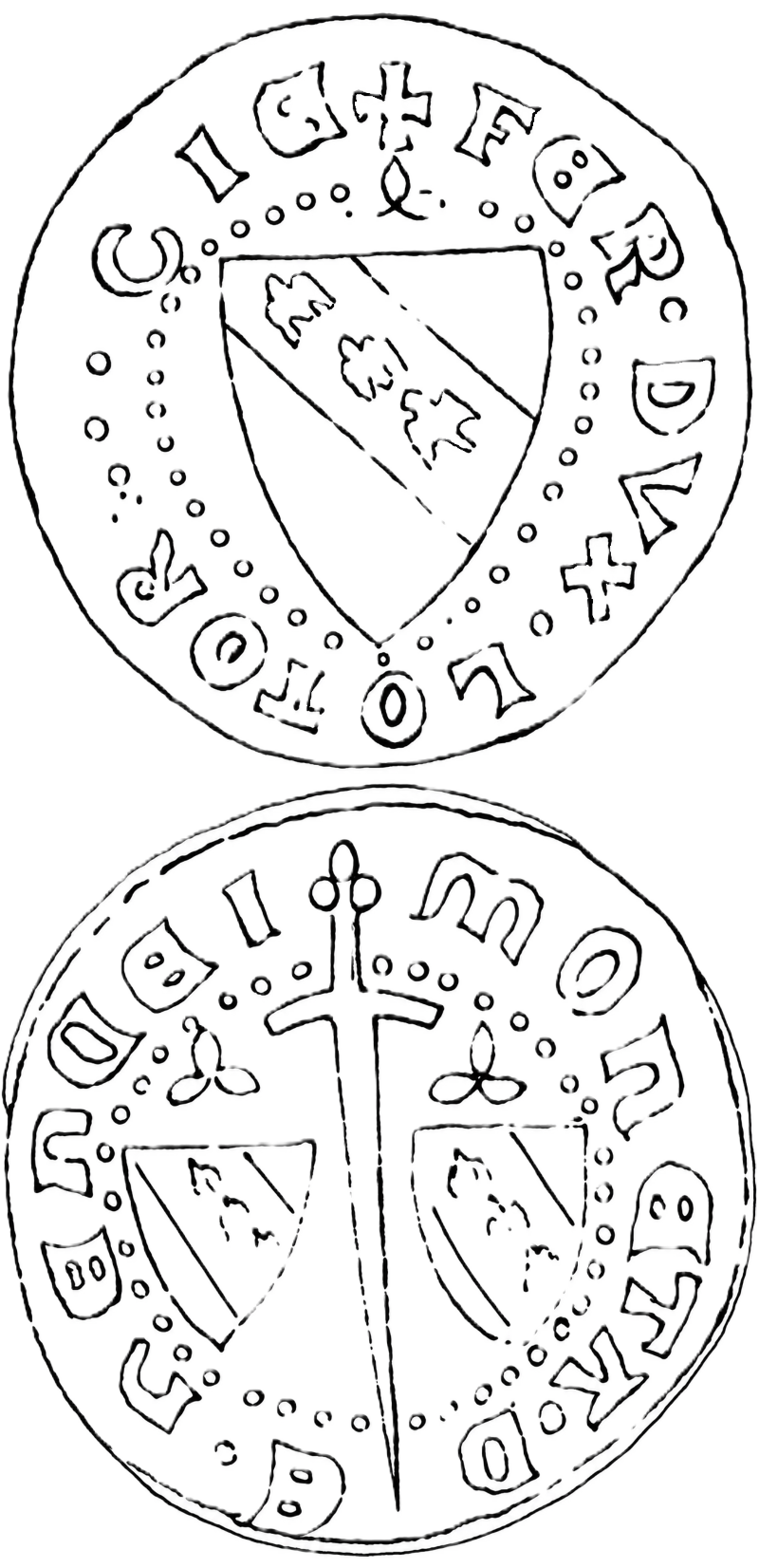 Line drawing of both faces of a double denier of Nancy: on the obverse the shield of Lorraine charged with a bend of three alerions, a trefoil above it, within a ring of pellets, the legend running around the rim; on the reverse a sword point downward with a trefoil pommel, flanked by two shields of Lorraine each surmounted by a trefoil, the legend ranged around the outside between rings of pellets