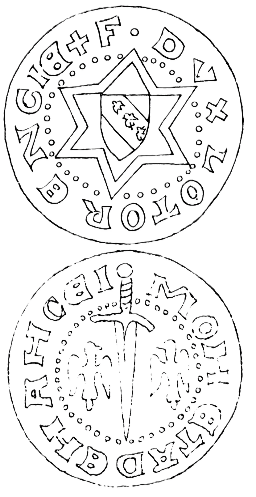 Line drawing of both faces of a double denier of Nancy: on the obverse a six-pointed star formed of two interlaced triangles, bearing at its centre the shield of Lorraine charged with a bend of three alerions, the legend running around the rim outside a ring of pellets; on the reverse a sword point downward with a round pommel and a banded grip, its blade crossing a beaded inner circle that contains two alerions with wings displayed set side by side, the legend running around the outside