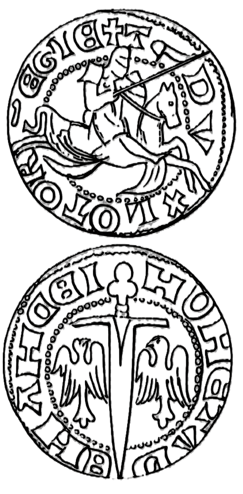 Line drawing of both faces of a double denier of Nancy: on the obverse an armed horseman riding to the right, covering himself with his shield and carrying a lance with a banderole whose staff crosses the field and interrupts the legend at the top; on the reverse a sword point downward with a trefoil pommel and straight quillons, flanked by two alerions with wings displayed, the legend running around between beaded borders