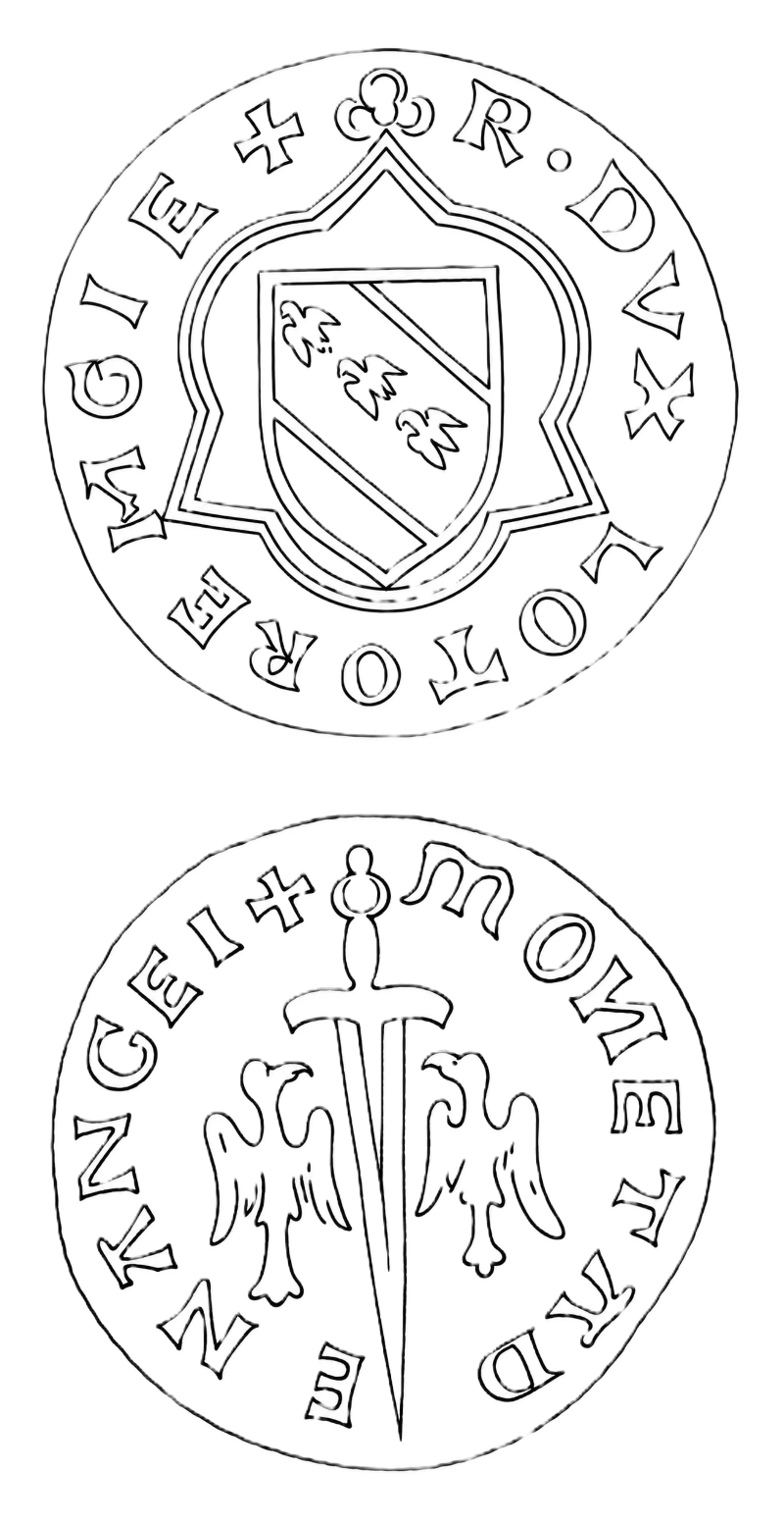 Line drawing of both faces of a coin of Nancy: on the obverse the shield of Lorraine charged with a bend of three alerions, set in a double-lined cartouche of arcs meeting in points, its apex ending in a trefoil that breaks into the legend running around the rim; on the reverse a sword point downward with a knobbed pommel and a curved cross-guard, flanked by two eagles with wings displayed, beaks and claws shown, the legend running around the rim