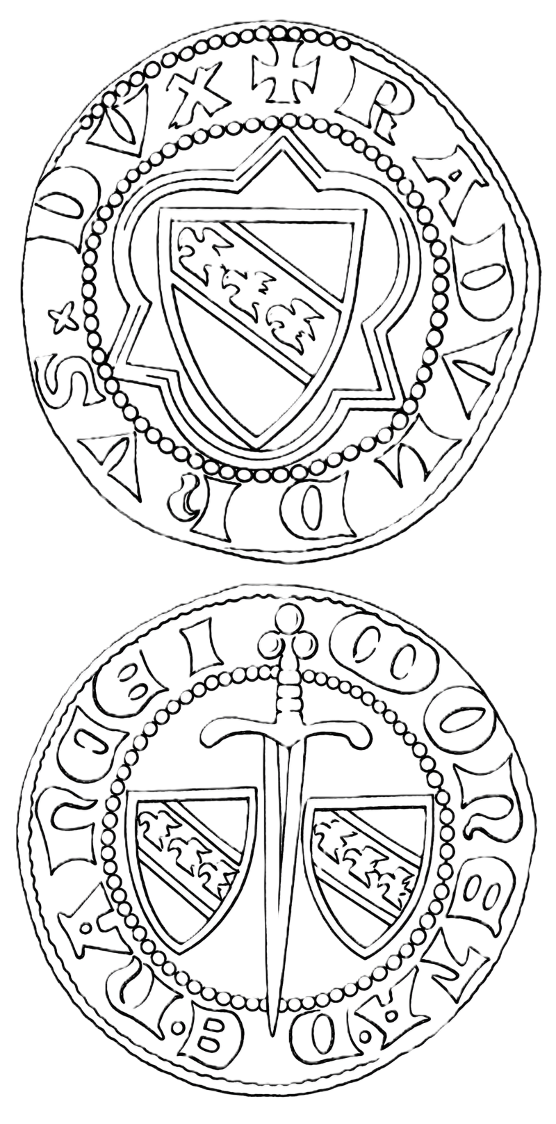 Line drawing of both faces of a coin of Nancy: on the obverse the shield of Lorraine charged with a bend of three alerions, set in a double-lined contour of arcs meeting in points within a beaded circle, the legend running around the rim between the beaded circle and the edge; on the reverse a sword point downward with a trefoil pommel, a banded grip and a curved cross-guard, its blade crossing a beaded inner circle and flanked by two shields of Lorraine, the legend in rounded letters running around the rim