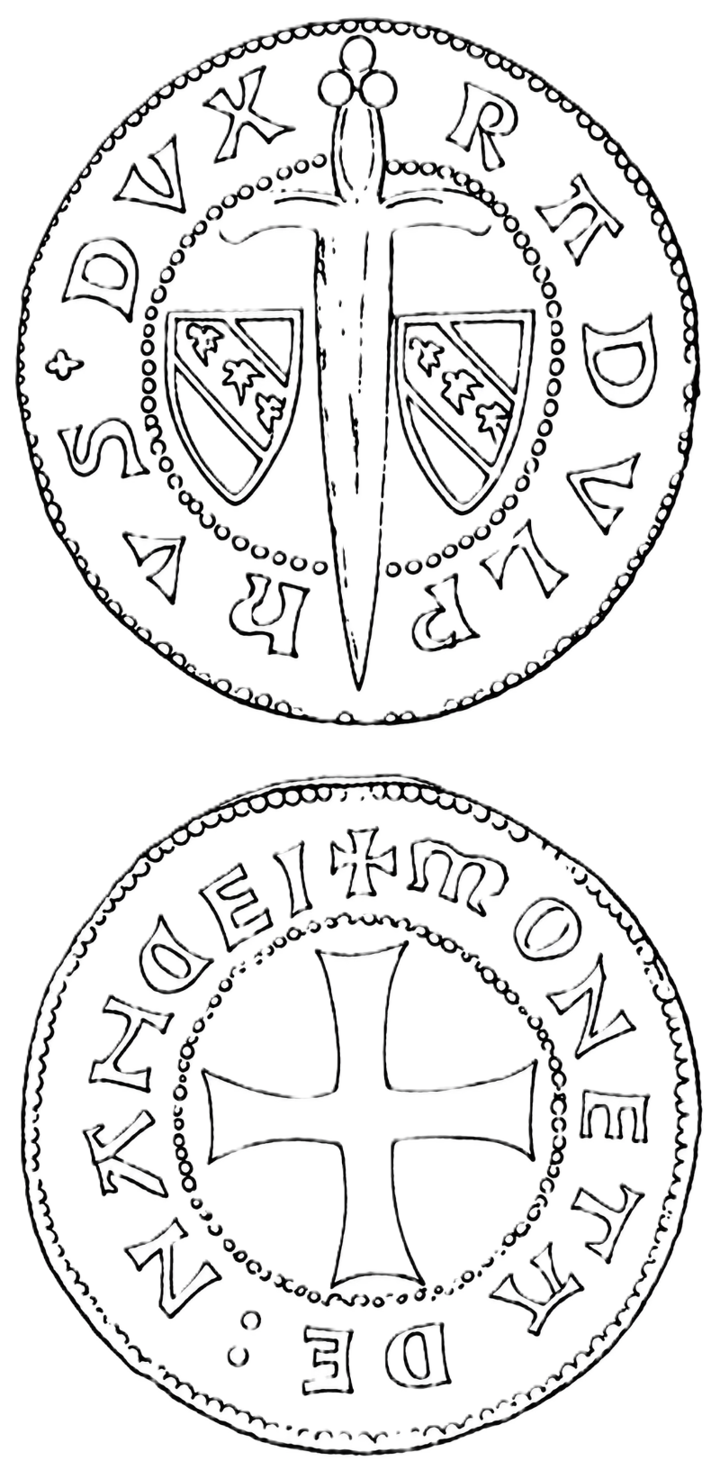Line drawing of both faces of a coin of Nancy: on the obverse a sword point downward with a trefoil pommel and a curved cross-guard, its blade crossing a beaded inner circle and flanked by two shields of Lorraine, each charged with a bend of three alerions, the legend running around the rim; on the reverse a cross pattée within a beaded inner circle, the legend running around the rim