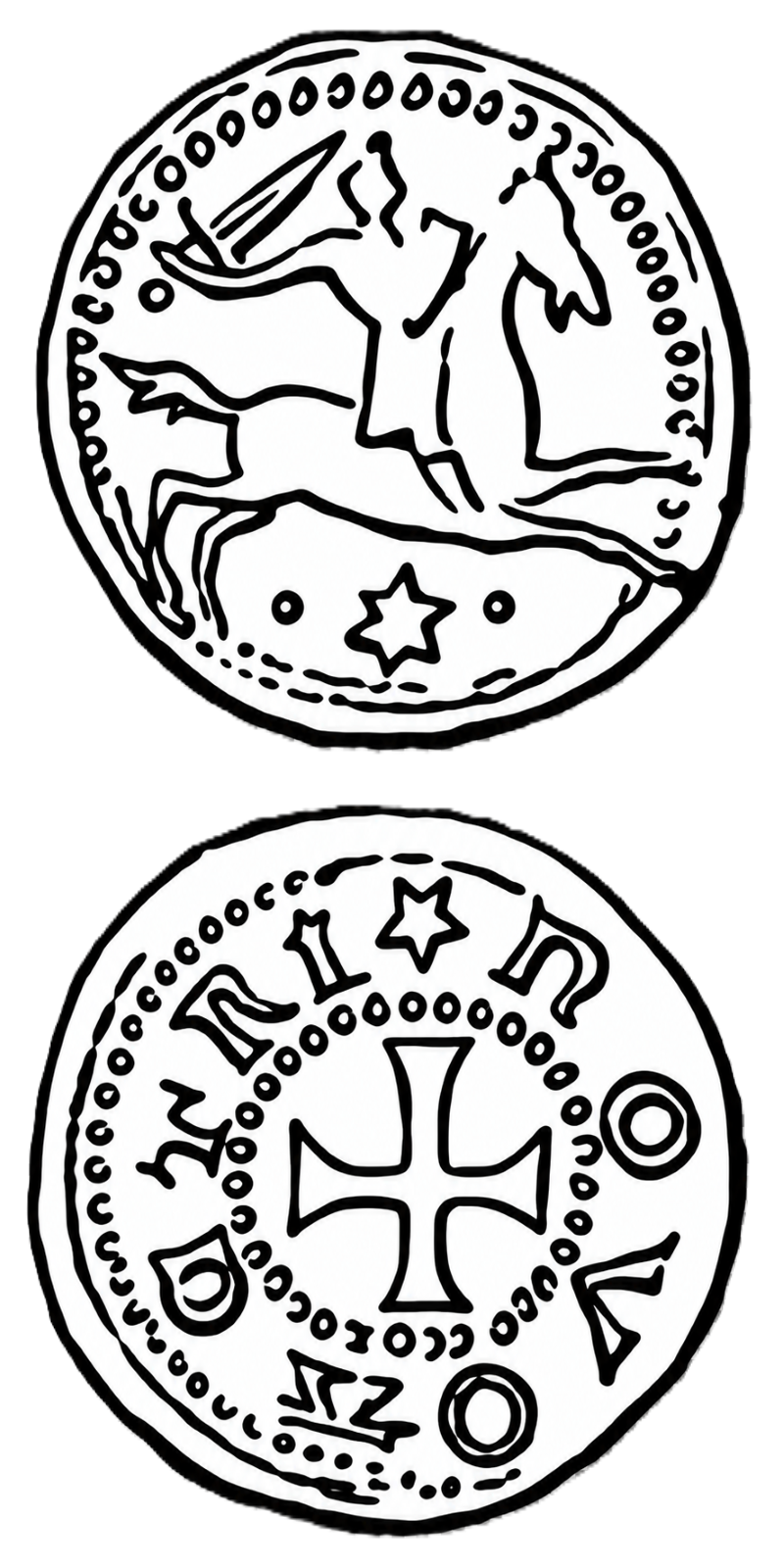 Line drawing of both faces of a denier of Neufchâteau: on the obverse an armed horseman riding to the right with a raised sword, a six-pointed star between two dots in the exergue beneath the horse; on the reverse a cross pattée in the field, the legend running around it between beaded borders and beginning with a star