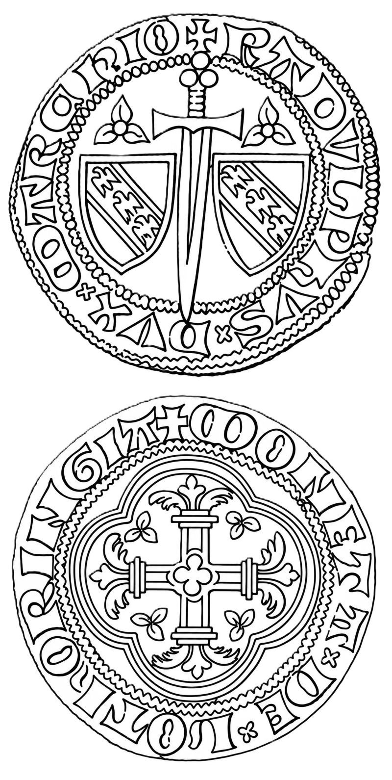 Line drawing of both faces of a coin: on the obverse a sword point downward with a trefoil pommel, a banded grip and a straight cross-guard, between two shields of Lorraine each surmounted by a trefoil, within a beaded inner circle, the legend running around the rim inside a cabled border; on the reverse a cross with barred and foliated ends and a quatrefoil at the centre, cantoned with four trefoils, set in a double-lined cartouche of four arcs within a cabled circle, the legend running around the rim