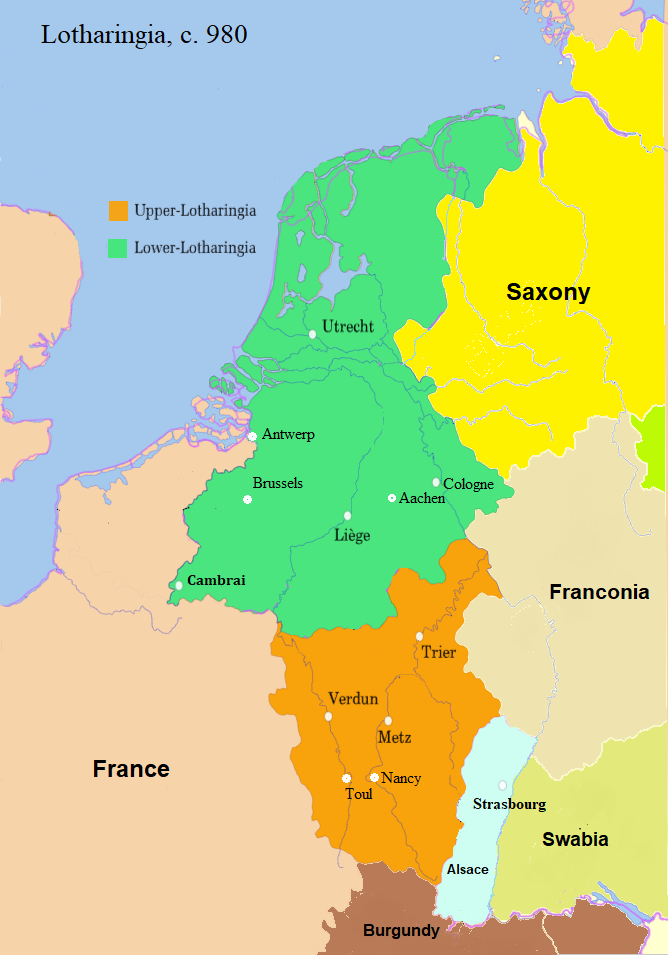 Map of Lotharingia c. 980, after the 959 partition, showing Lower Lotharingia in the north with Utrecht, Antwerp, Brussels, Aachen, Liège, Cologne, and Cambrai, and Upper Lotharingia in the south with Verdun, Metz, Toul, Nancy, and Trier, bordered by France, Saxony, Franconia, Swabia, Burgundy, and Alsace