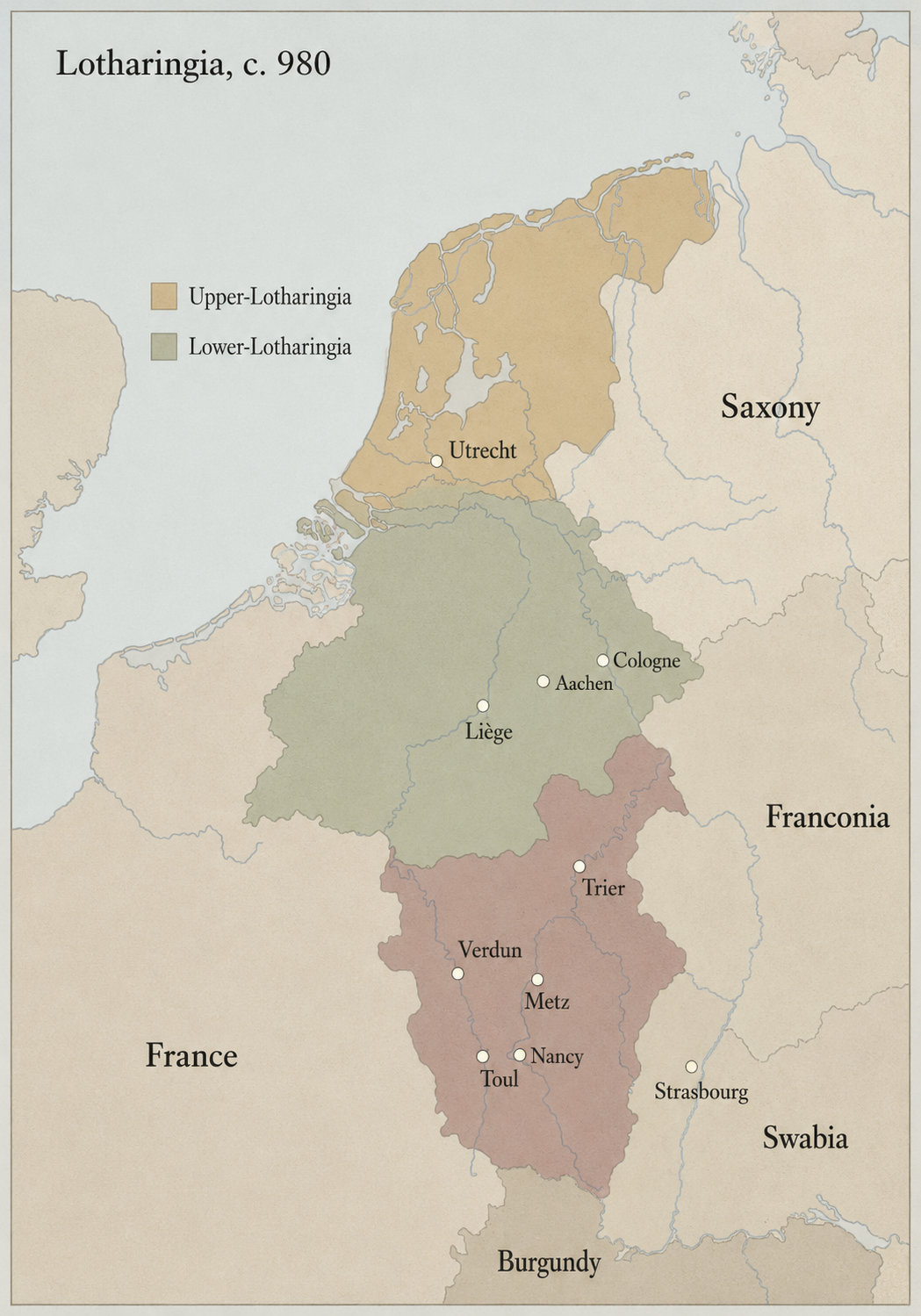 Map of Lotharingia c. 980, showing Upper and Lower Lotharingia after the partition of 959