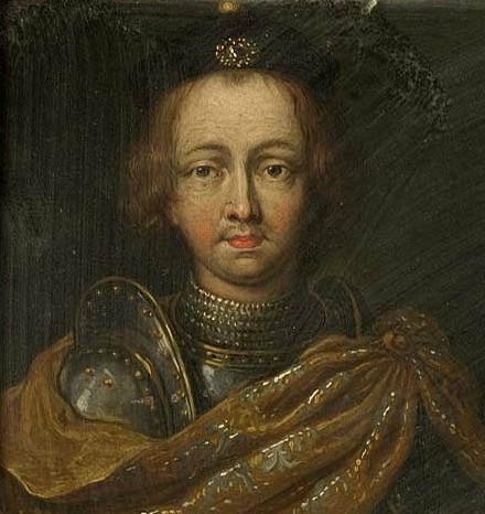 Bust-length oil portrait identified as Ferry III, Duke of Lorraine, shown in plate armour with a gold sash and a jewelled circlet in his hair, against a dark ground